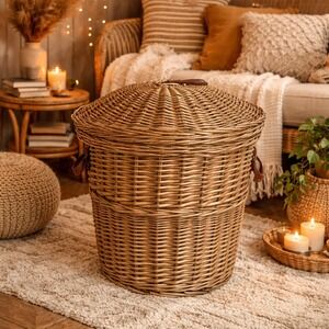 World Market Boho Wicker Basket 20" Tall x 15" Wide with Lid & Handles